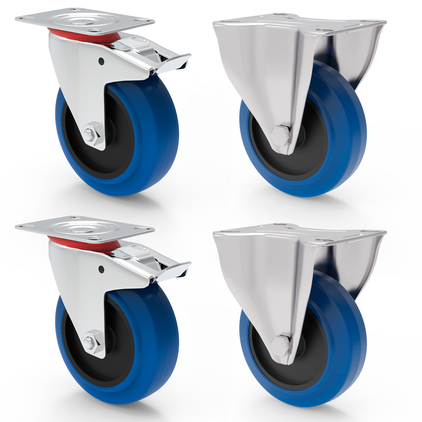 4 Stück Blue Wheels 80 mm Transportrolle Lenkrolle Rückenloch Rolle Rad 