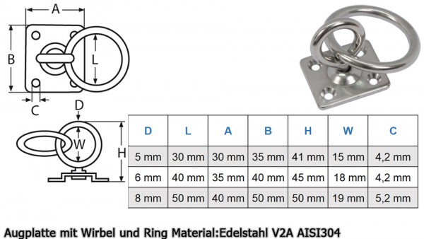 Mastplatte mit Wirbel und Ring Edelstahl V2A 5mm 6mm 8mm